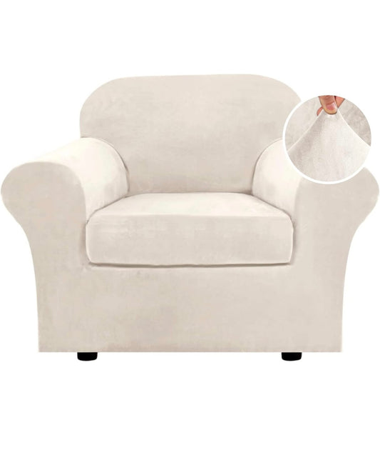H.VERSAILTEX Rich Velvet Stretch 2 Piece Chair Cover Chair Slipcover Sofa Cover Furniture Protector Couch Soft with Elastic Bottom Chair Couch Cover with Arms Width Up to 49 Inch(Chair, Ivory)