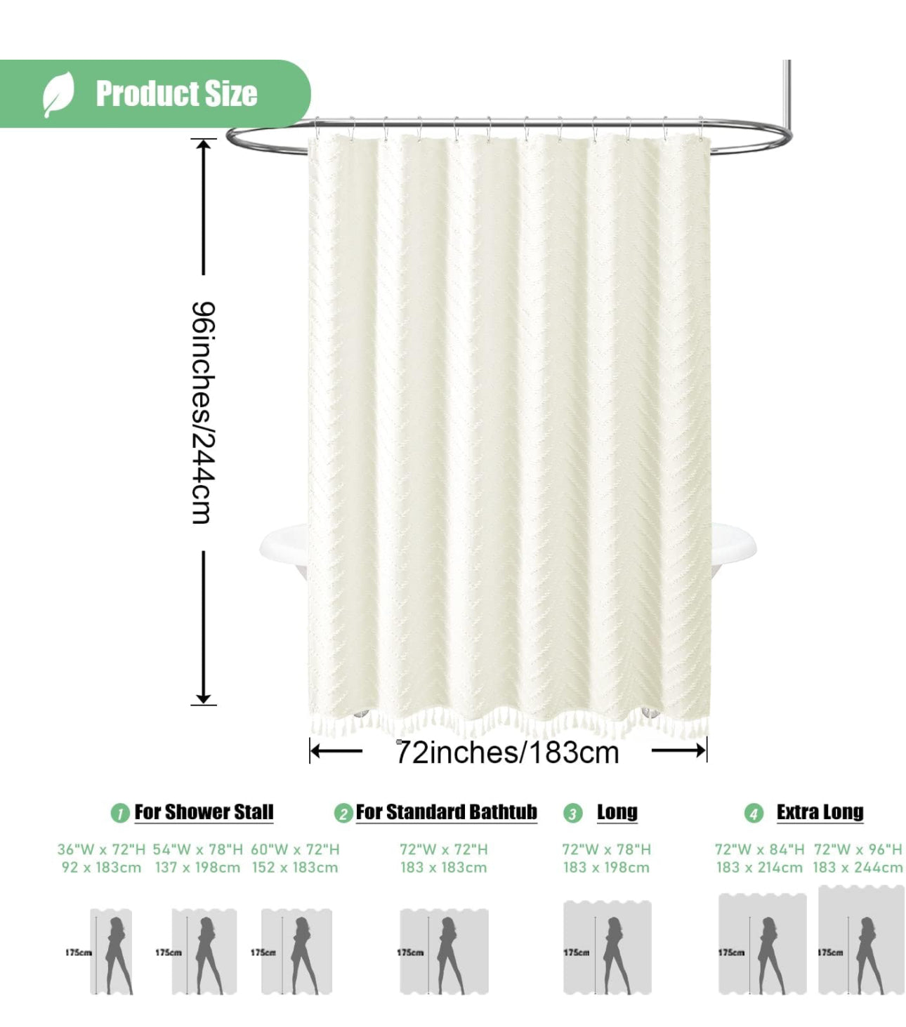Extra Long Boho Tufted Chevron Striped Fabric Shower Curtain (72”x96”)