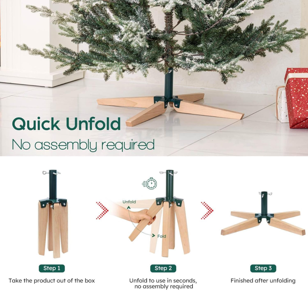 HarcoHome Foldable Christmas Tree Stand for Artificial Tree, Metal and Beech Hardwood Christmas Tree Base for Indoor Use, Fits up to 8ft artificial tree