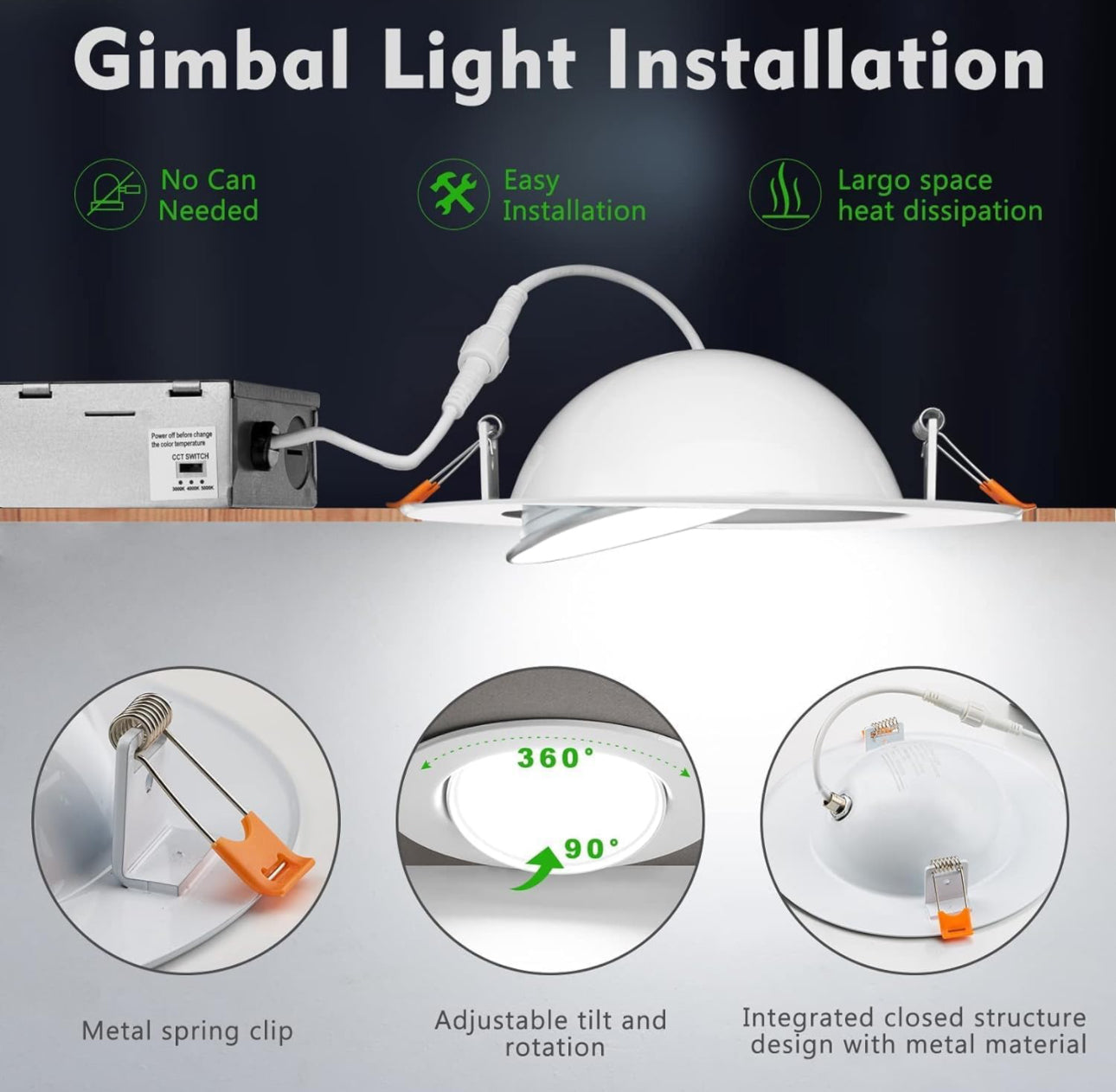 bulbeats 24Pack 𝗠𝗲𝘁𝗮𝗹 LED Recessed Light with Gimbal 5/6 Inch, CRI90140lm/w (high efficency ) LED Downlight, IC Rated LED Recessed Lighting Fixture 3000K|4000K|5000K Dimmable LED Can Lights ETL