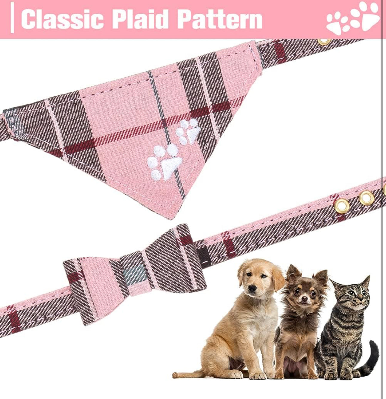 EXPAWLORER Dog Leash Collar Set - 3 Pack Embroidery Pawprints Plaid Dog Collars and Leash Tangle Free, Bow Tie and Bandana Collar with Bell, size small
