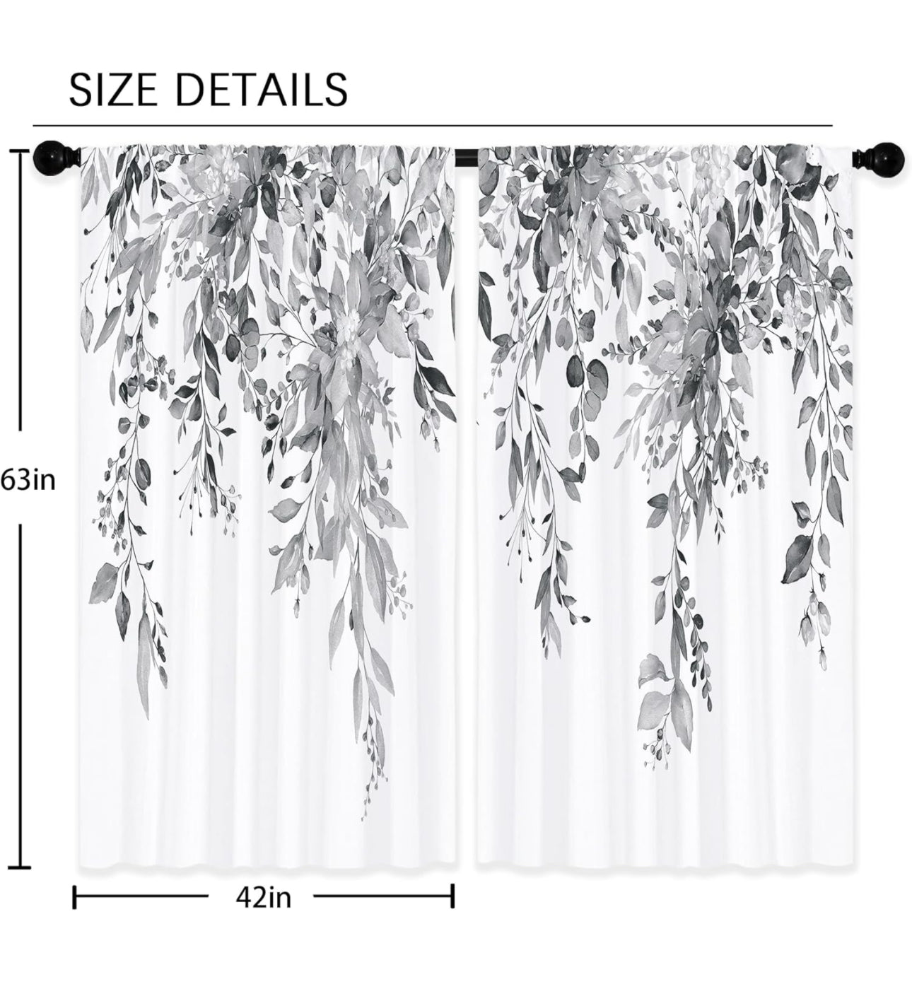 Laifzere Eucalyptus Grey White Leaves Curtains, Black Botanical Flower Window Curtains 42x63 Inch for Bedroom Living Room Decor, Floral Plant Herb Window Drapes Treatment Draperies Fabric (2 Panels