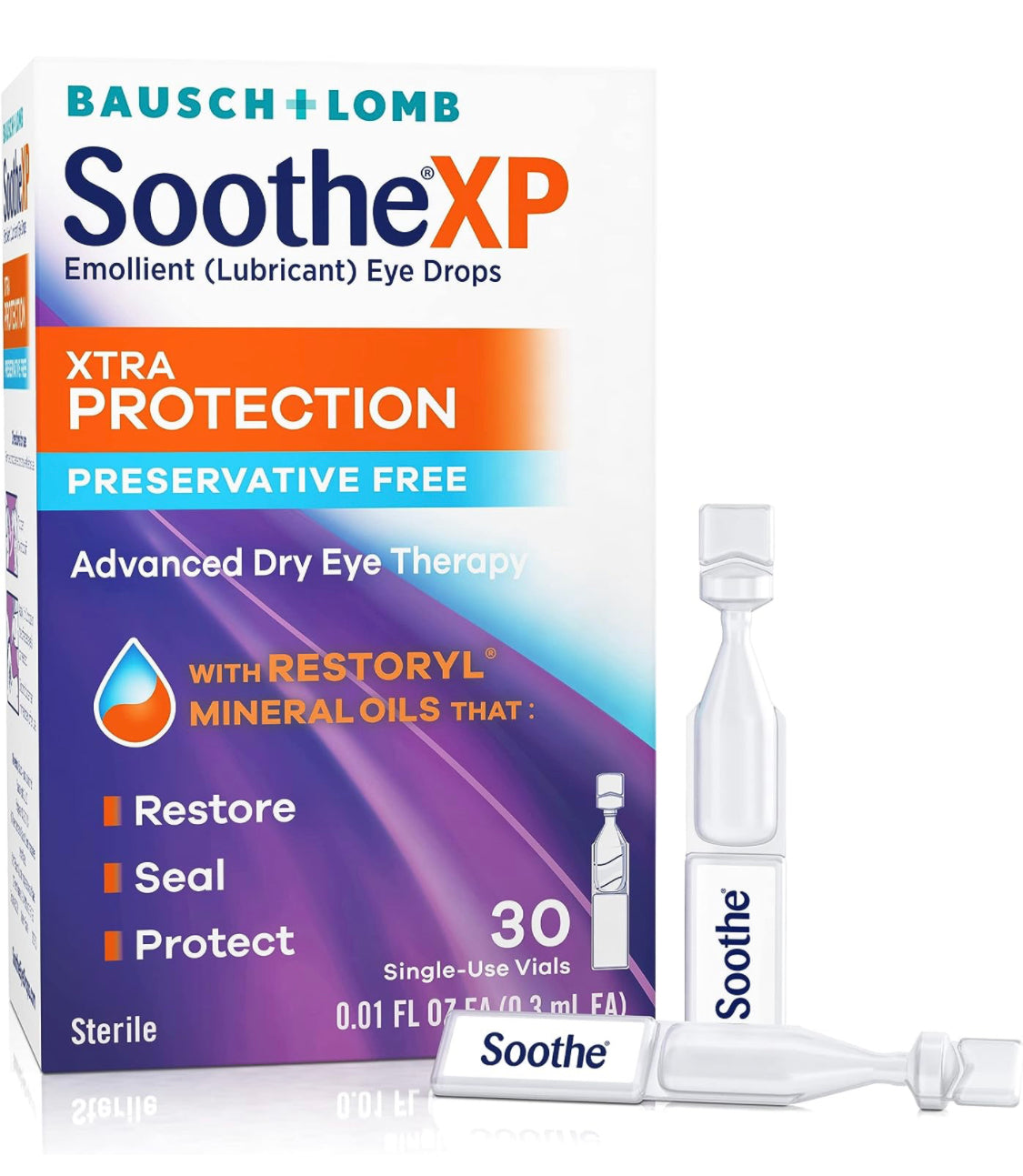 Soothe Preservative-Free Lubricant Eye Drops, Bausch + Lomb, Xtra Protection, Box of 30 Single Use Dispensers BEST BY 12/2023