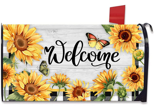 Spring Summer Welcome Mailbox Cover Magnetic Standard 21" x 18", Sunflower Butterfly Decorative Flower Buffalo Plaid Check Fall Post Letter Box Wrap Farmhouse Rustic Decor for Garden Yard