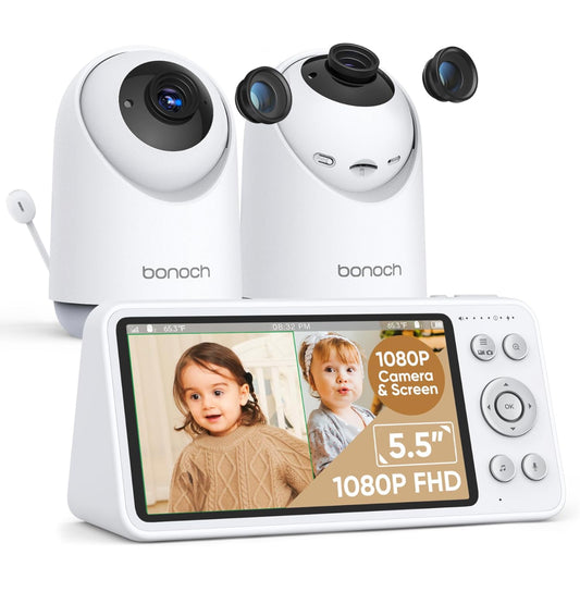 bonoch 5.5 1080p Baby Monitor with 2 Cameras, Split-Screen Baby Monitor No WiFi, Baby Monitor with Camera and Audio, 7800mAh, 1800ft Range, Recording&Playback, Motion&Sound Detect, 110degree Wide-Angle
