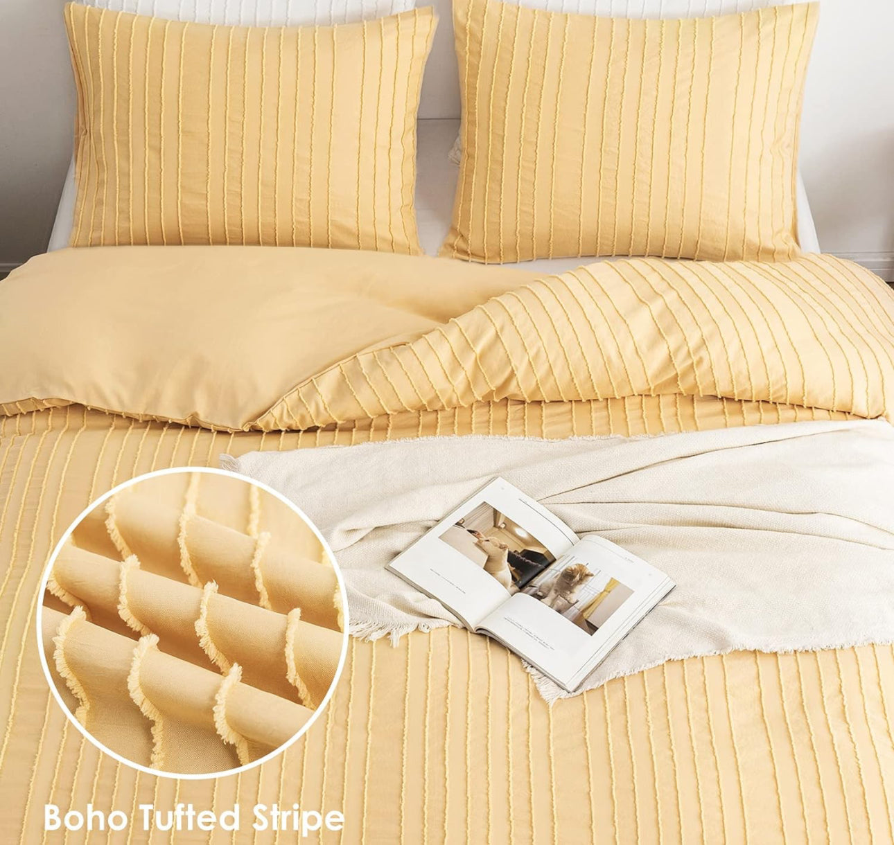 WARMDERN Yellow Boho Duvet Cover Set King Size, Striped Textured Duvet Cover Tufted Bedding Set, 3 Pcs Ultra Soft Washed Microfiber Duvet Cover with Zipper Closure (King, Yellow)