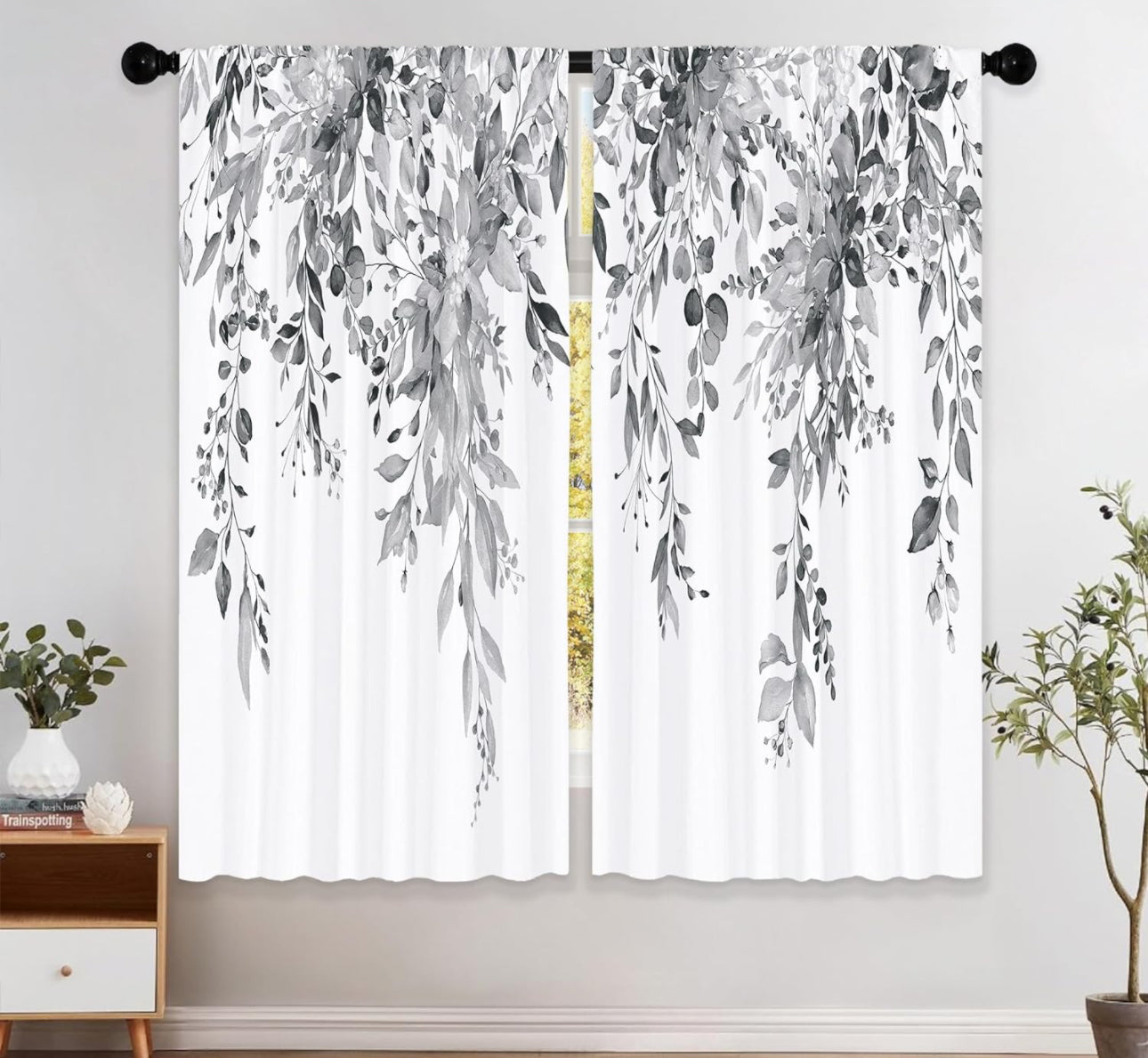 Laifzere Eucalyptus Grey White Leaves Curtains, Black Botanical Flower Window Curtains 42x63 Inch for Bedroom Living Room Decor, Floral Plant Herb Window Drapes Treatment Draperies Fabric (2 Panels