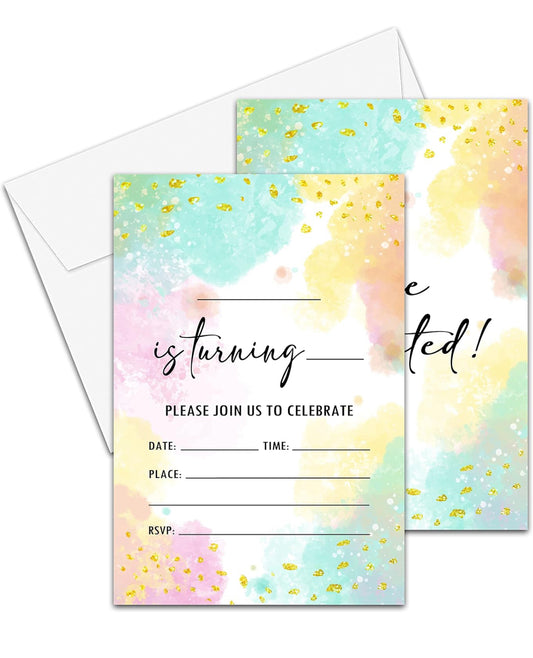 Rainbow Birthday Invitations Cards, 4"x 6" Gold Glitter Sprinkles Birthday Party Invites with Envelopes for Party Decorations Supplies(20 Pieces) -D28