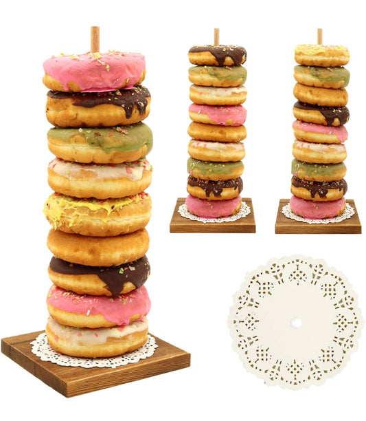 Farmhouse Donut Stand, 3PCS Wooden Donut Holder Display Doughnut Bagel Display Rustic Wood Stacker Tower