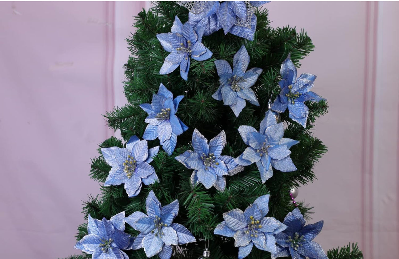 KEPATO Christmas Glitter Poinsettia Artificial Flowers Christmas Tree Ornaments Pack of 12 (Blue)
