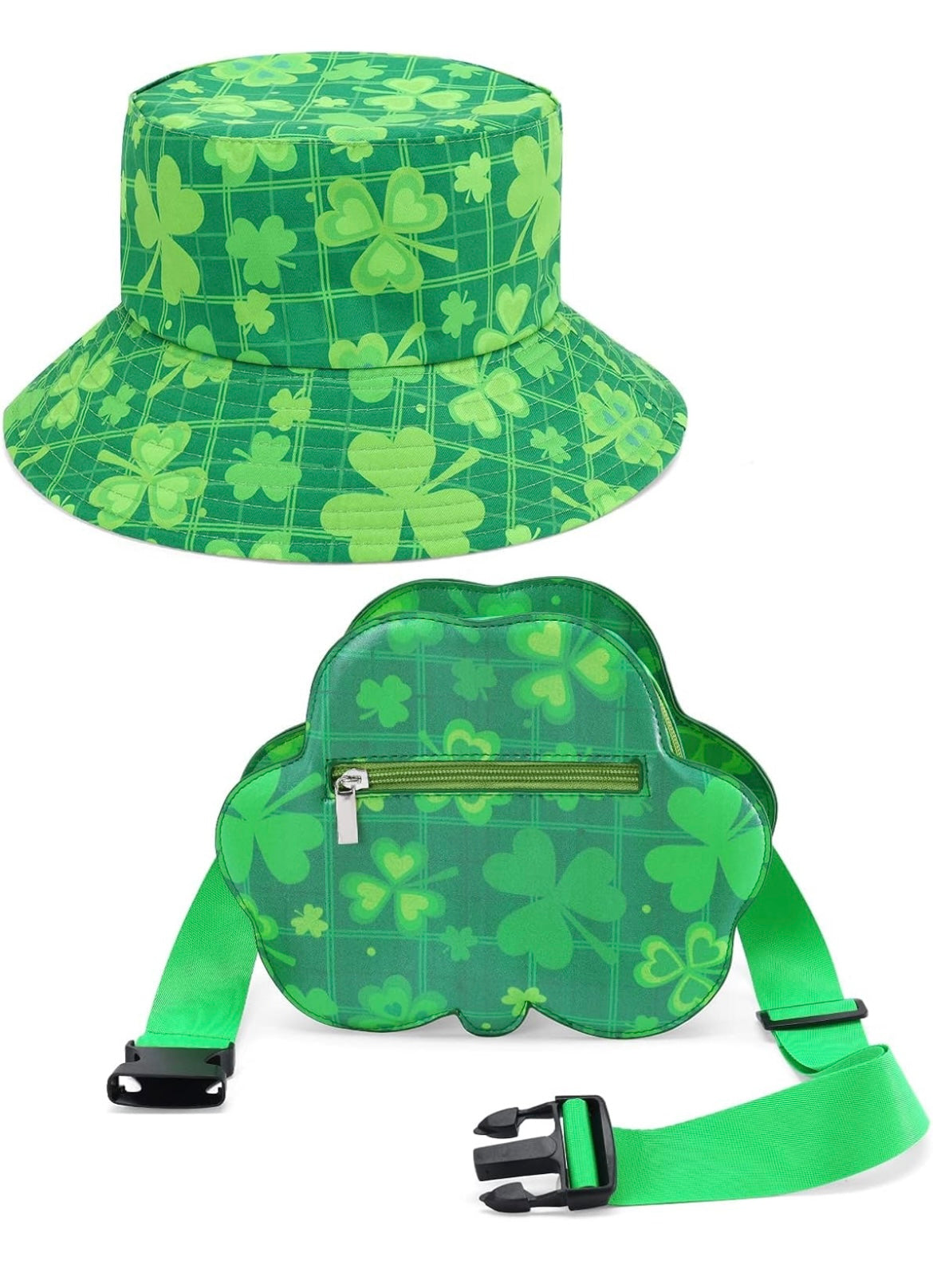 2PCS St Patrick's Day Gifts Bucket Hat Fanny Pack Set Shamrock Hat Clover Waist Pack Green Waist Belt Bag Foldable Fishing Sun for Party Sports Hiking Travel st patricks day Accessories for Men Women