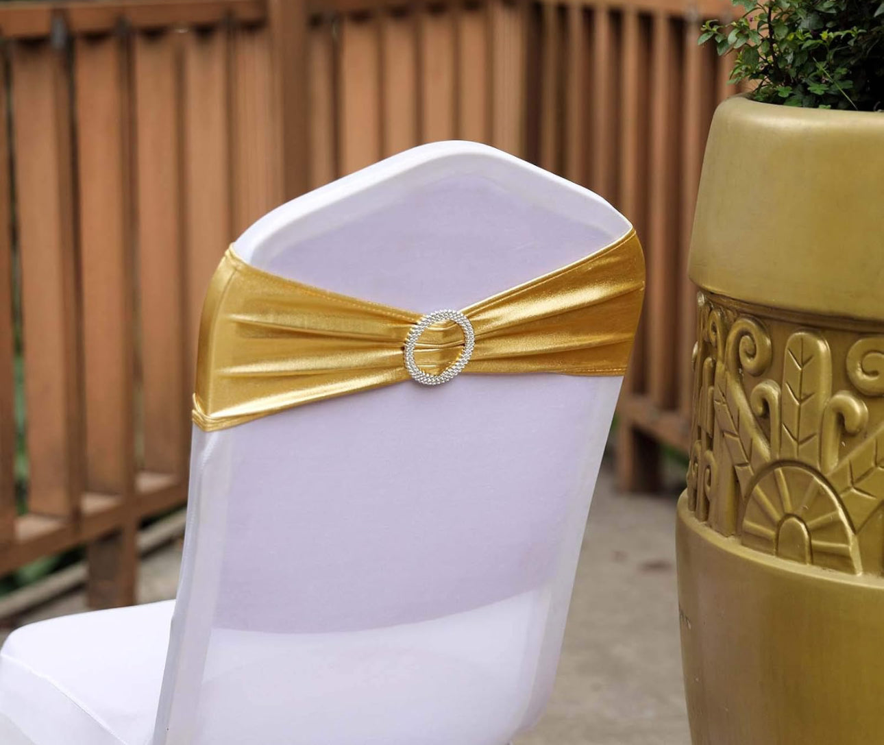 10 pcs Gold Metallic Spandex Chair Sashes with Silver Round Buckles Wedding Ceremony Reception Decorations Supplies