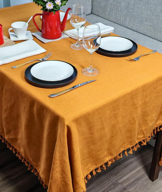 Pure Linen Tablecloth 60x120 Inch Solid Caramel with Tassel, Washable Table Cover for Rectangle/Oblong Table Decorative