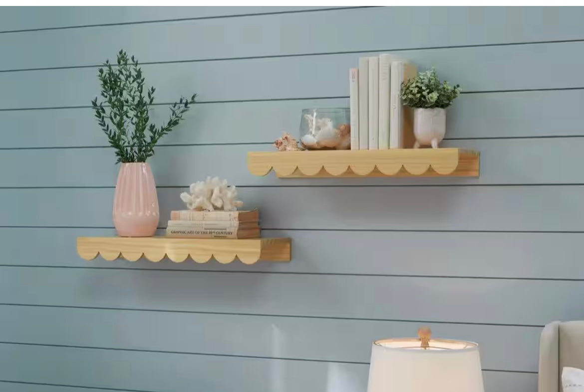 Scalloped Natural Wood Floating Wall Shelves (22" W x 2.5" H) (Set of 2)