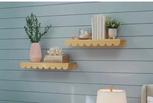 Scalloped Natural Wood Floating Wall Shelves (22" W x 2.5" H) (Set of 2)