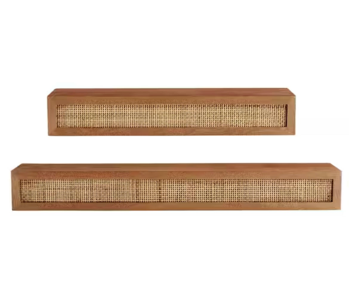 Natural Wood Floating Wall Shelves with Rattan Caning Detail (Set of 2)