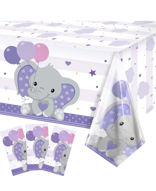 Elephant Tablecloth Table Cover Plastic Rectangle Table Decors for Baby Boy Girl Reveal Party Supplies, 54 x 108 Inches(Purple,3 Pieces)