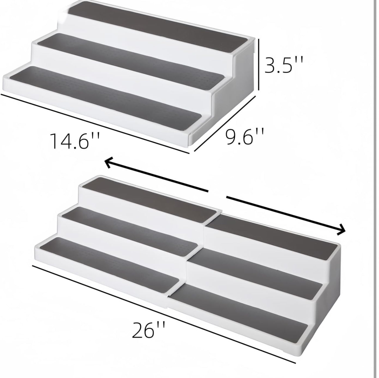 Set of two 3-Tier Plastic Expandable Spice Racks, Non-Skid Tiered Spice Shelf Organizer prefect for Kitchen Cabinet, Countertop, Pantry, Adjustable Length 14.6''-26'' (2, White)