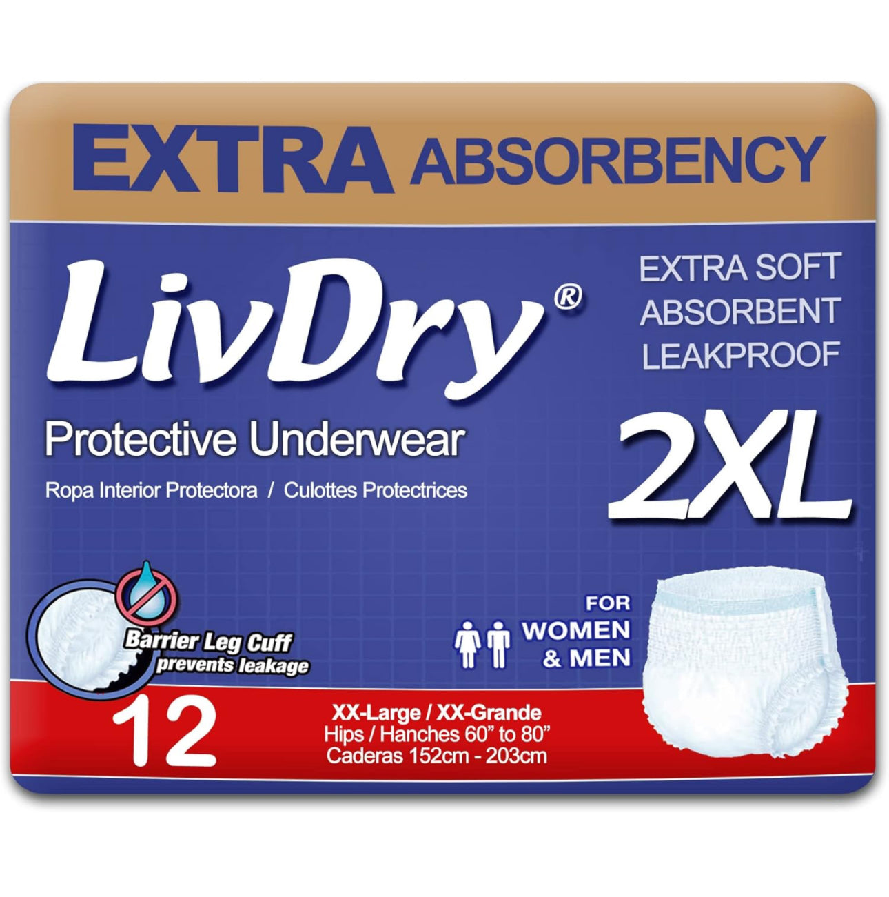 LivDry Adult XXL Incontinence Underwear, Extra Absorbency Adult Diapers, Leak Protection, XX-Large, 12-Pack