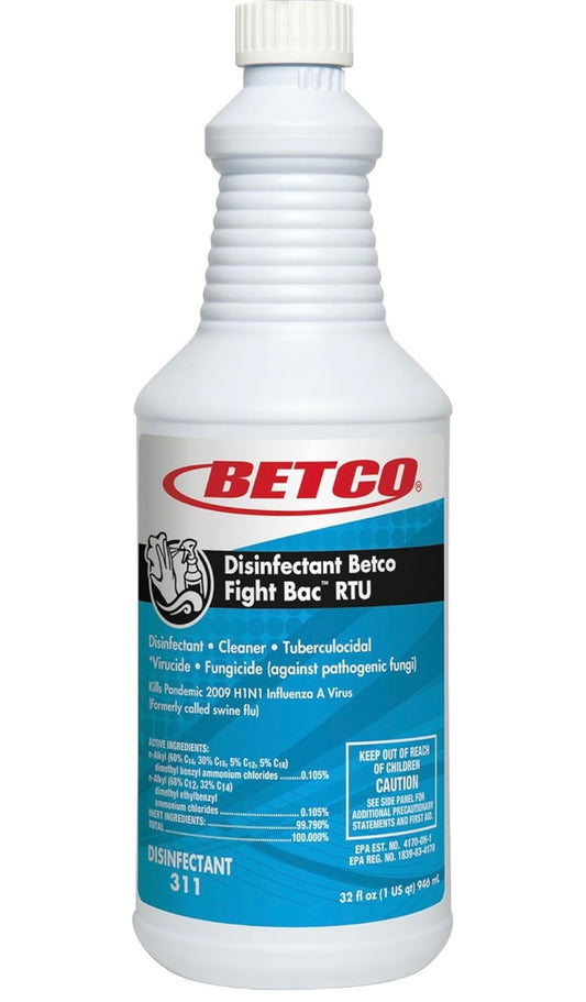 Betco® Fight-Bac RTU Disinfectant, Pleasant Scent, 1-Quart, Pack Of 1, Packaging may vary