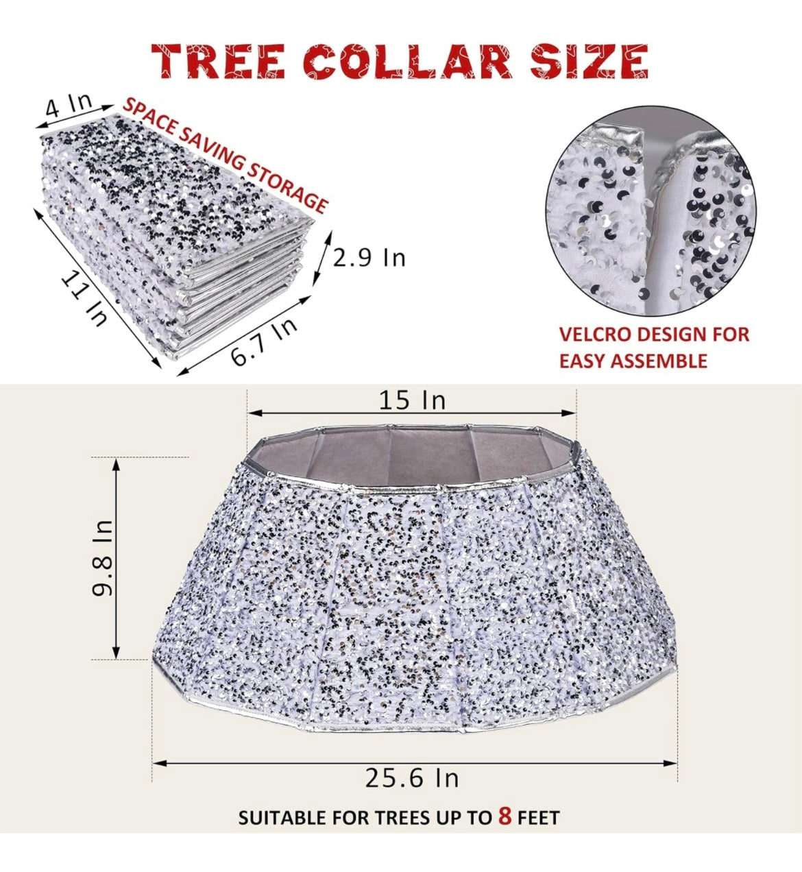 Blissun Christmas Tree Collar, Sequin Christmas Tree Skirt, Foldable Christmas Tree Ring, Xmas Tree Stand Base Cover for Christmas Tree Decoration (Silver, Round)