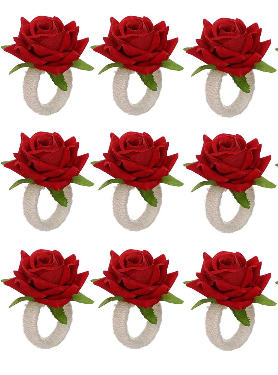 Rose Flower Napkin Ring, for Wedding Valentine's, Dining Table, Holiday Décor and Special Occasions (10 pieces, red)