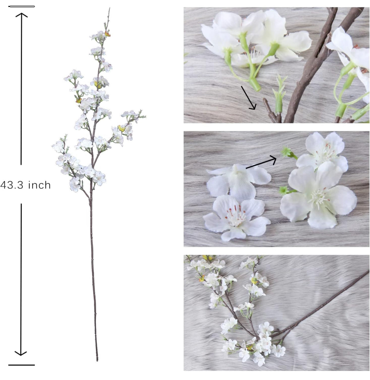 4Pcs Artificial Cherry Blossom Branches, Silk Cherry 3.5ft Branches Tall Stems for DIY Garden Home Wedding Party Decor (White