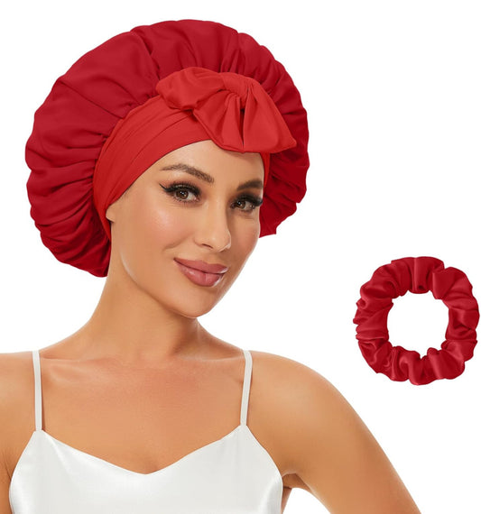 Silk Bonnet for Sleeping, Satin Hair Bonnets Large Sleep Cap for Women, Hair Wrap for Curly Hair Afros with Tie Band (Red