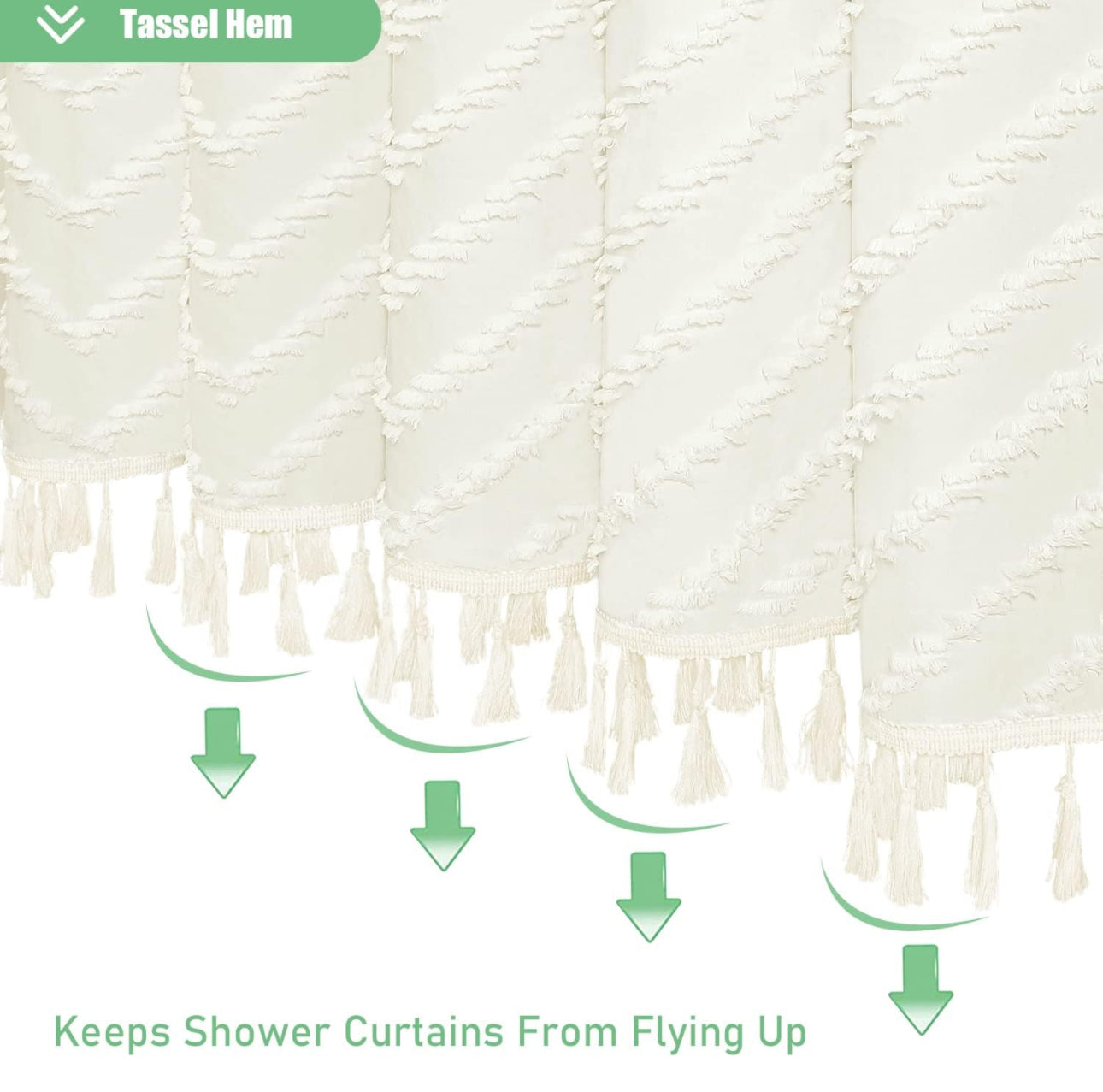 Extra Long Boho Tufted Chevron Striped Fabric Shower Curtain (72”x96”)