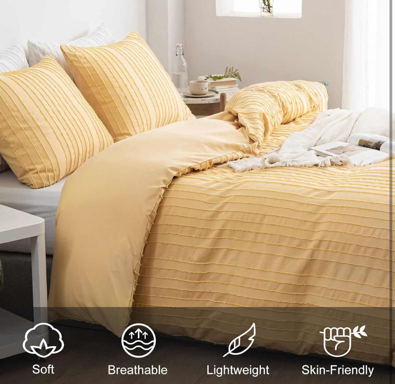 WARMDERN Yellow Boho Duvet Cover Set King Size, Striped Textured Duvet Cover Tufted Bedding Set, 3 Pcs Ultra Soft Washed Microfiber Duvet Cover with Zipper Closure (King, Yellow)