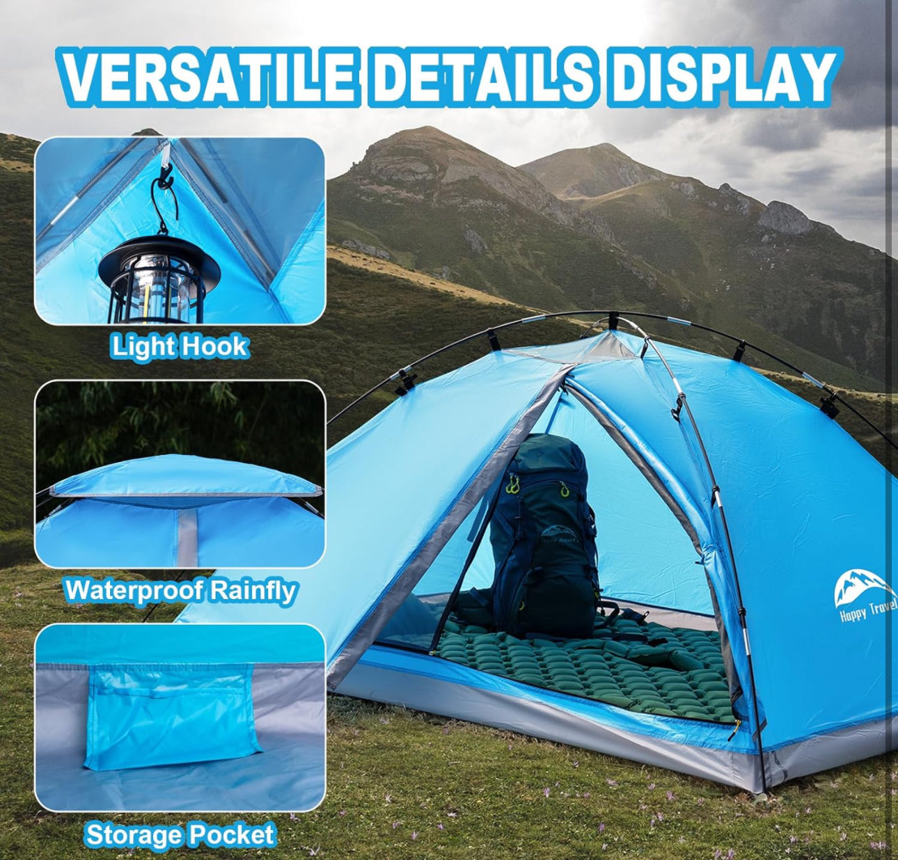 Happy Travel Backpacking Tent 1/2 Person Tents for Camping, Waterproof Easy Clip Setup Camping Tent for Adults Kids Outdoor Hiking, Lightweight Portable One Single Man Dome Tent with Rain Fly