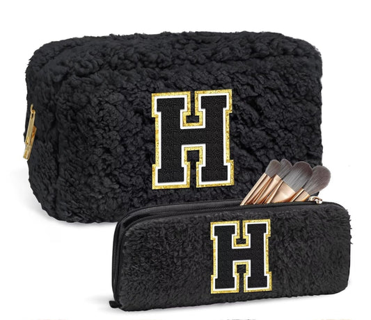 Two Piece Black Sherpa “H” makeup bag set