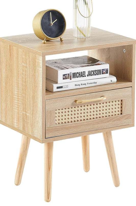 Rattan Nightstand with Rattan Decor Drawer and Open Shelf