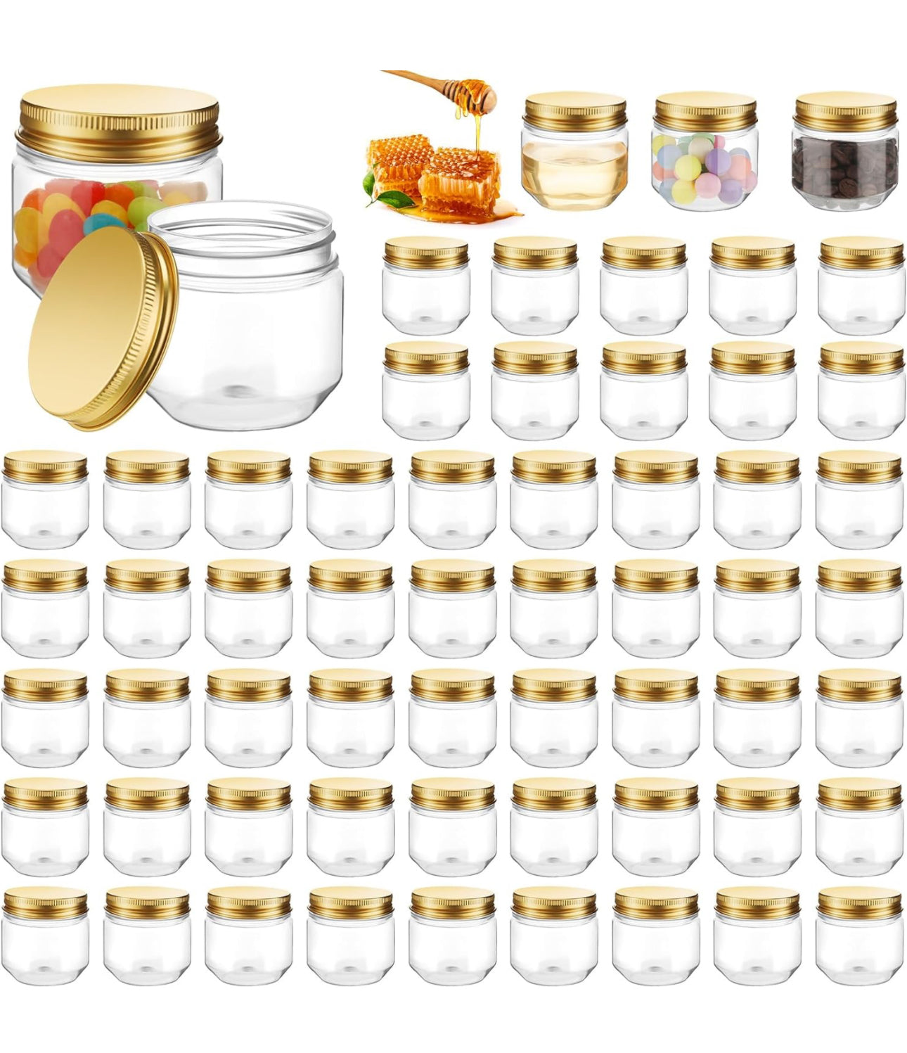 Tanlade 60 Pcs 3 oz Clear Plastic Jars with Lids Wide Mouth Mason Jars Mini Storage Containers Bulk for Herb Jelly Wedding Valentine Favors Shower Party Favors(Gold)