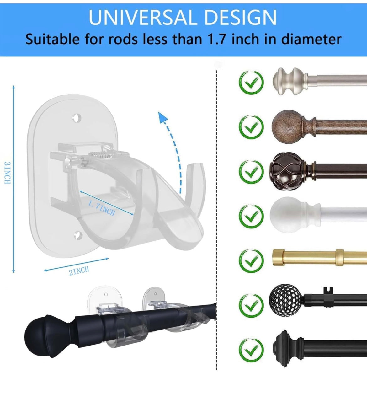 8PCS Upgraded Self Adhesive Curtain Rod Brackets，Curtain Rod Hooks，Curtain rods no Drilling，Curtain Rod Brackets for Wall，for0.6~1.7 inch Curtain Rod(Transparency)