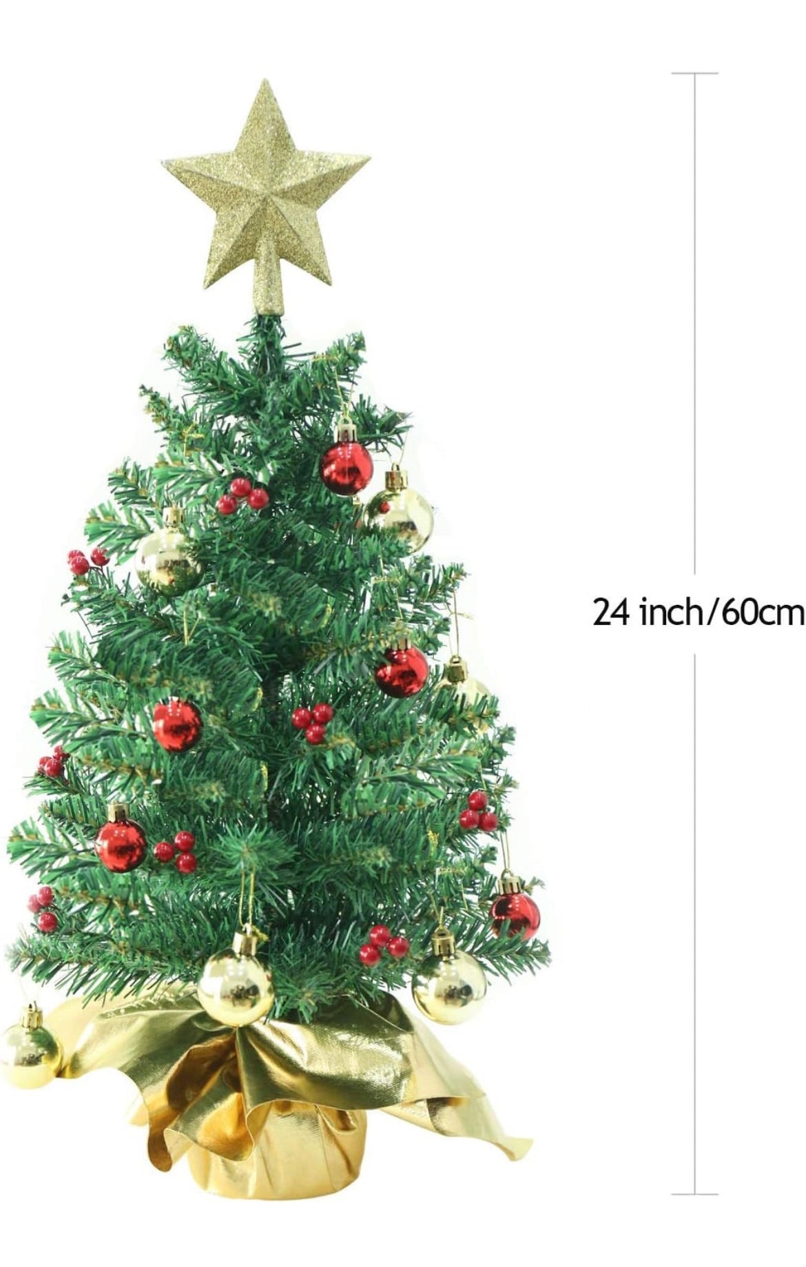 Liecho 24 Inch Tabletop Mini Christmas Tree, Miniature Pine Christmas Tree with Hanging Ornaments, Battery Operated Artificial Xmas Tree, Best DIY Christmas Decorations-Gold