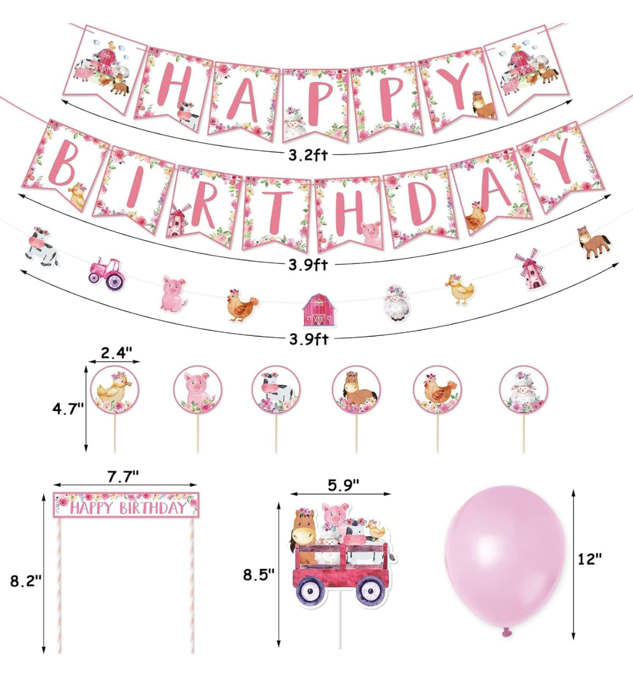 52Pcs Farm Animals Brithday Party Set Barnyard Themed Birthday Party Decors Cow Printed Balloon Baby Shower Party Ideas include Banners Balloons Cake Cupcake Toppers