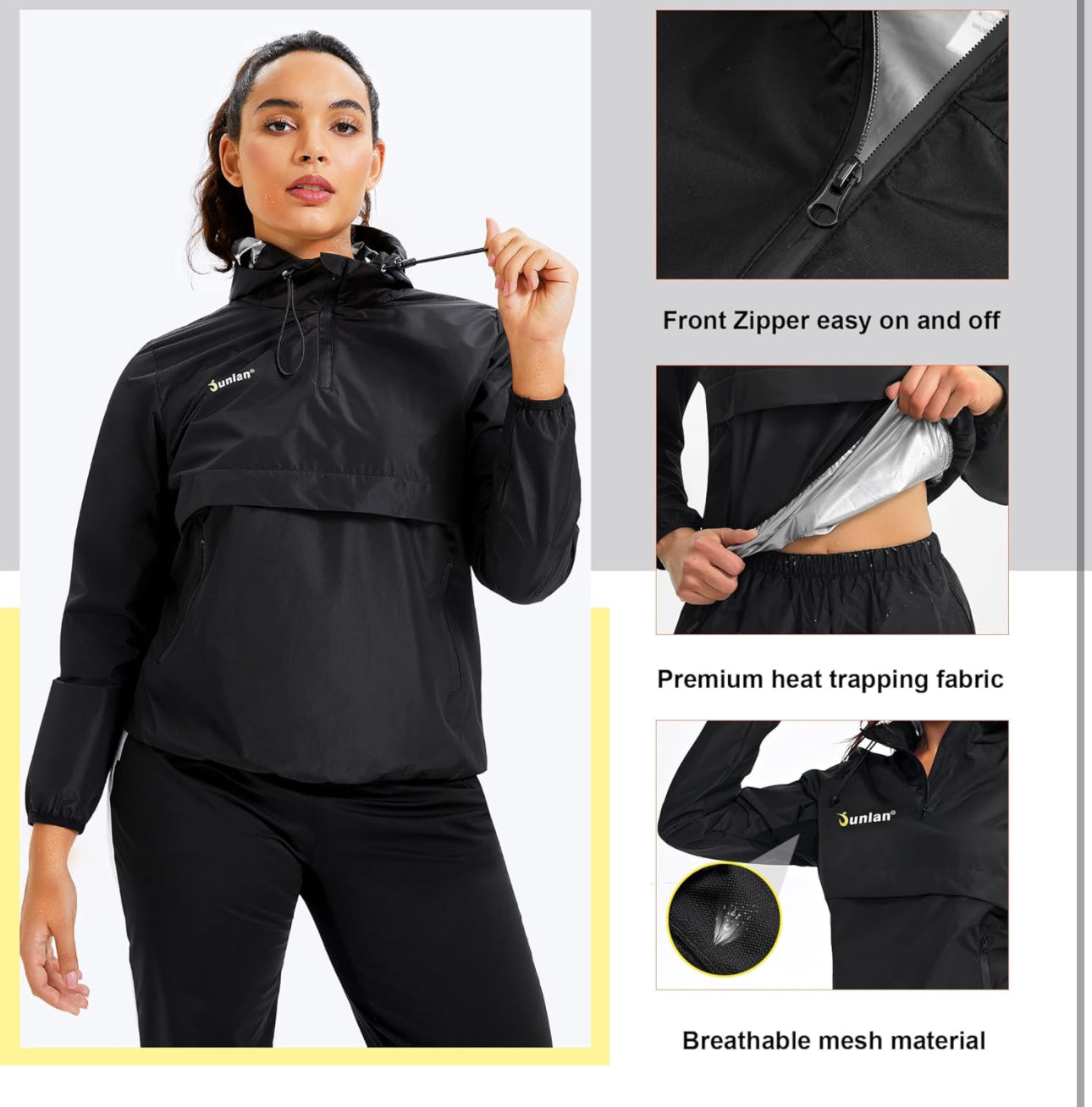 Junlan Sauna Suit for Women Sweat Sauna Pants Sweat Jacket Workout Sweat Suits for Women (A.Black Tops Only,Large)