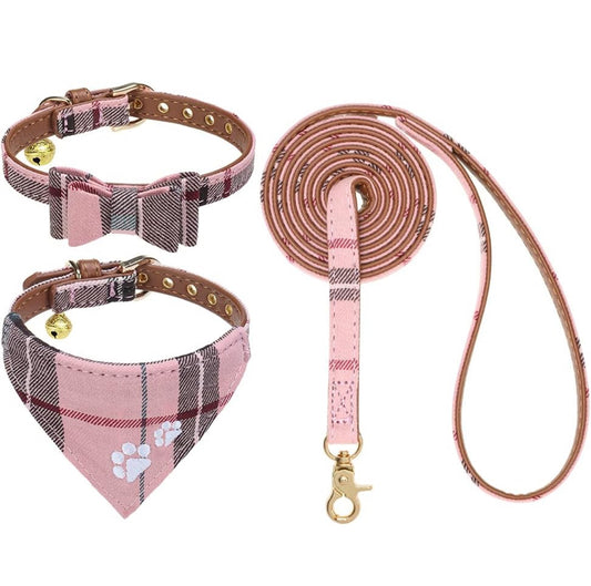 EXPAWLORER Dog Leash Collar Set - 3 Pack Embroidery Pawprints Plaid Dog Collars and Leash Tangle Free, Bow Tie and Bandana Collar with Bell, size small