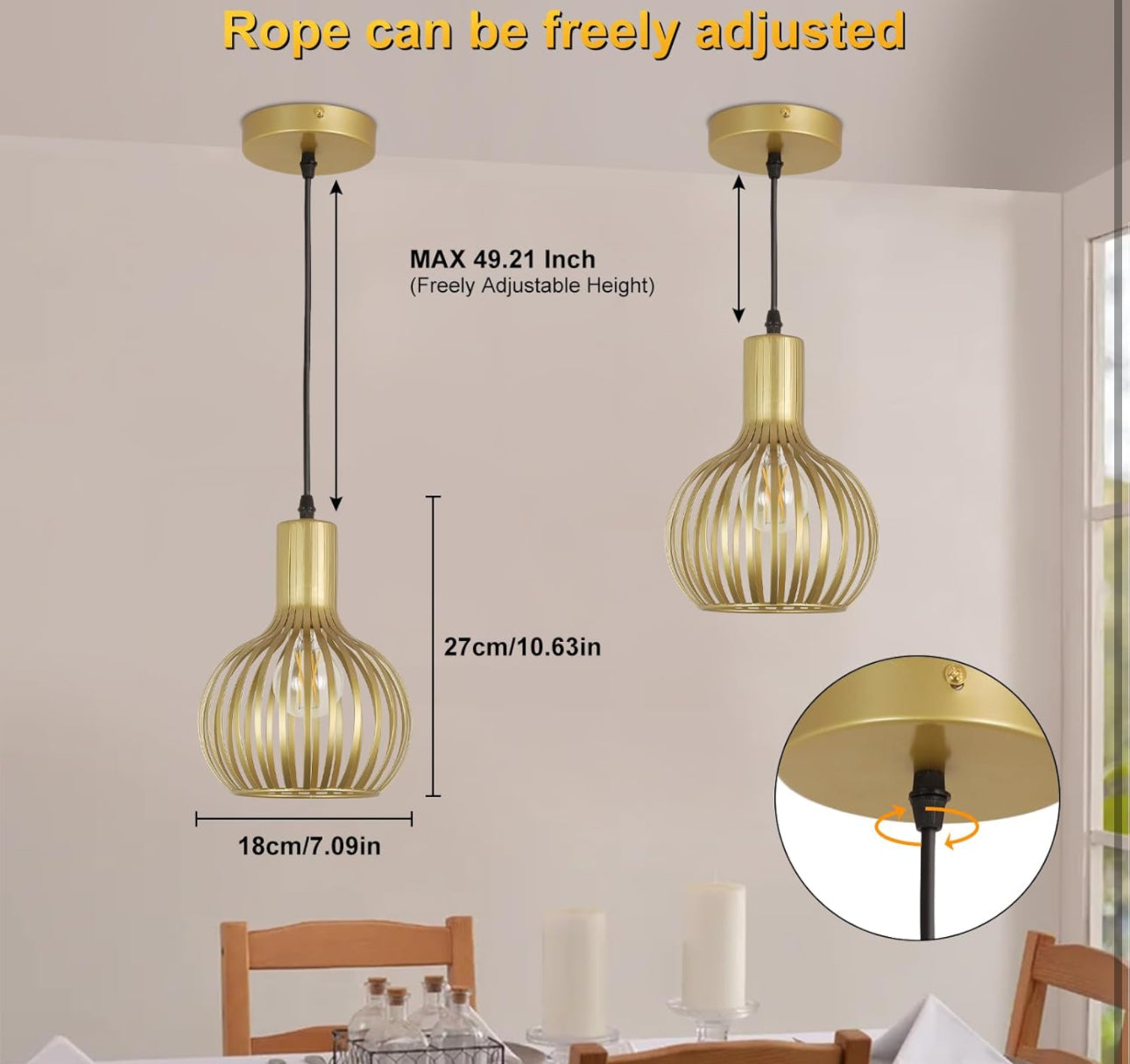 DLLT 2-Pack Gold Pendant Light Fixtures, Adjustable Pendant Lighting Over Sink, Farmhouse Metal Pendant Lights Kitchen Island, Vintage Brass Hanging Light for Living Room, Dining Room, Bedroom, E26