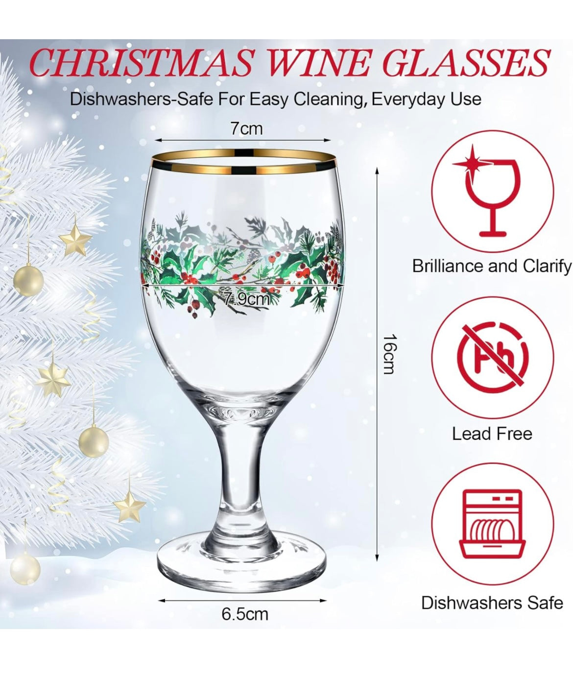 Christmas Wine Glasses Set Long Stem Wine Glasses Winter Holiday Berry Goblets Golden Edge for Martini Champagne Water Drinking Party Supplies (6, Elegant)
