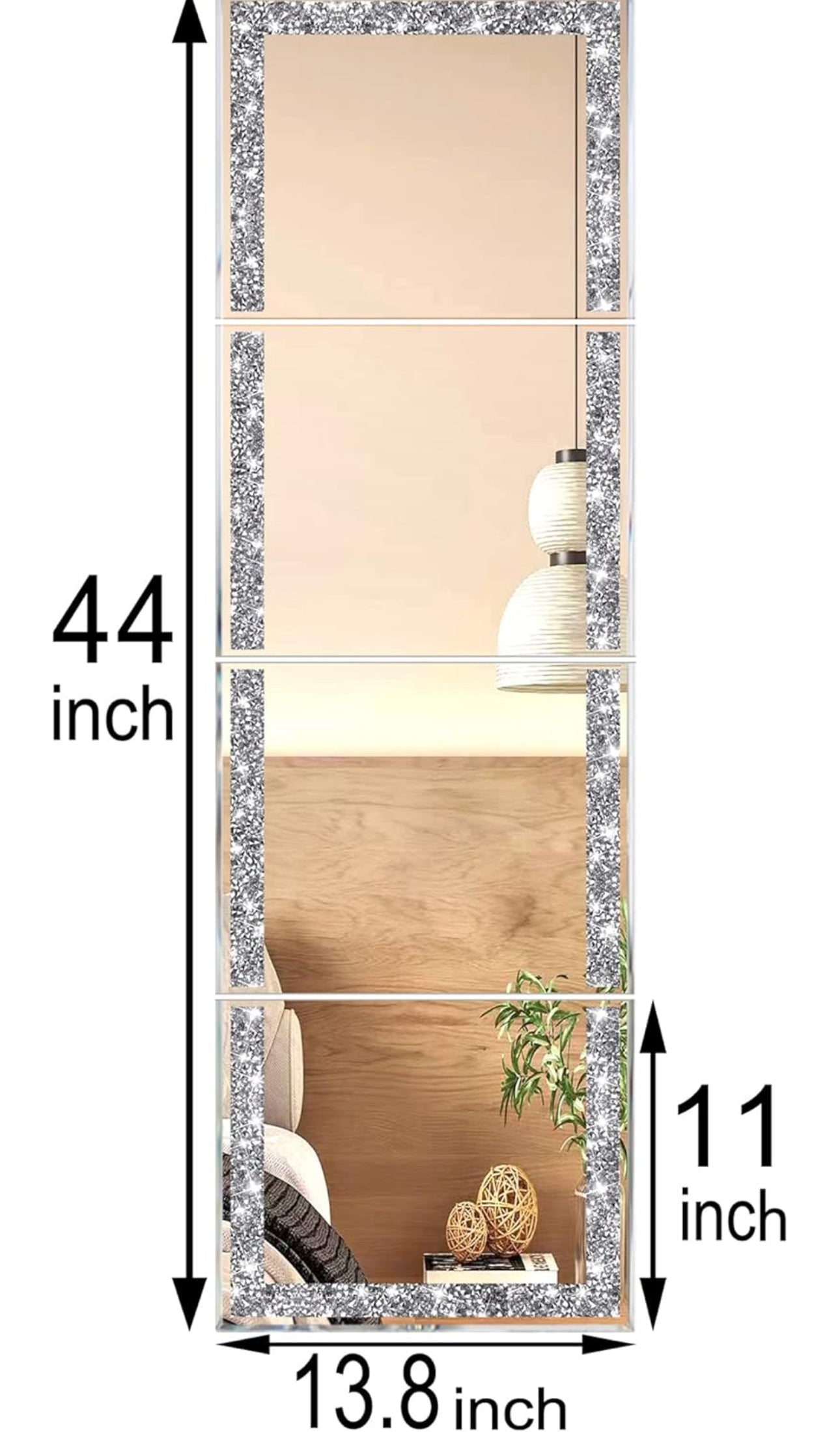 Meetart Full Length Mirror Tiles,Crystal Crush Diamond Full Body Wall Mirror,14''x11'' 4PCS Glass Frameless