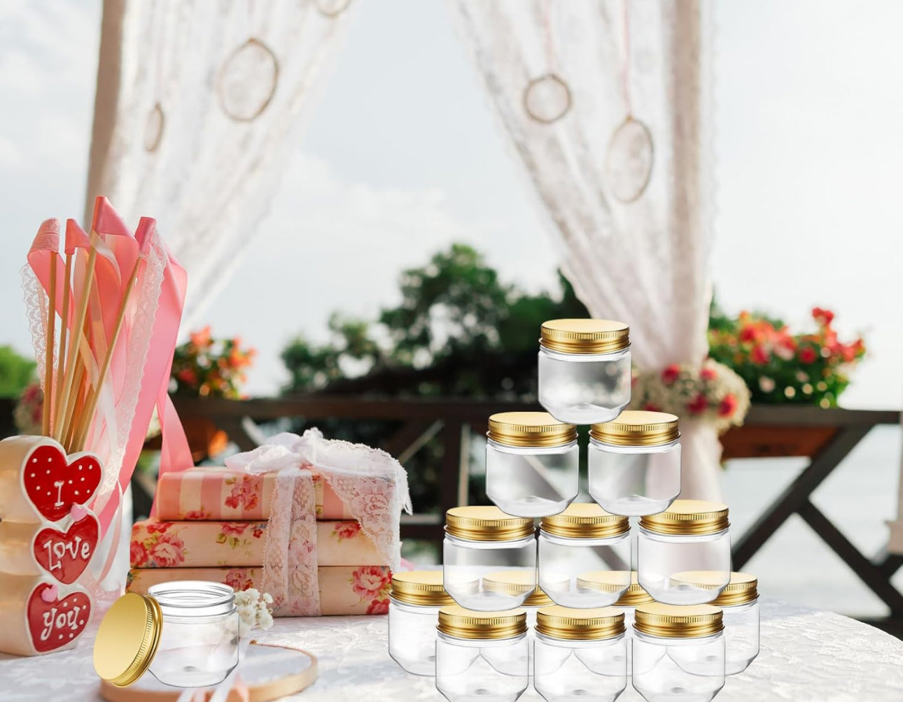 Tanlade 60 Pcs 3 oz Clear Plastic Jars with Lids Wide Mouth Mason Jars Mini Storage Containers Bulk for Herb Jelly Wedding Valentine Favors Shower Party Favors(Gold)