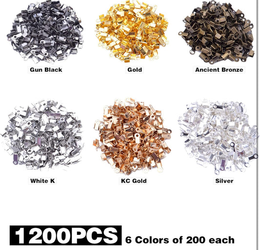 1200pcs Fold Over Cord Ends Cord Crimp End Tips Metal Fold-Over End Caps Leather Ribbon Ending Terminators Clamp Clasp Tips Jewelry Connector for Bracelet Necklace Crafts Making