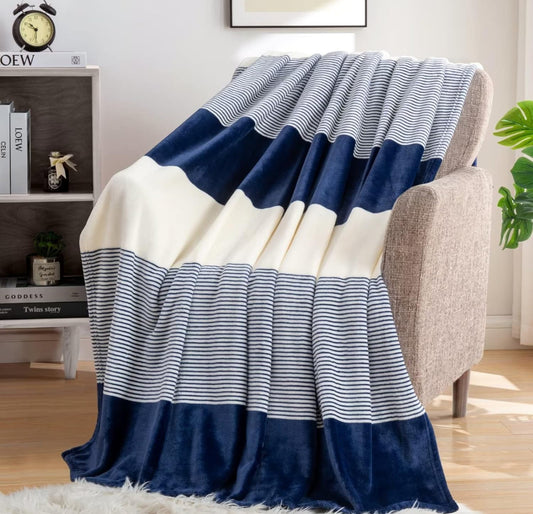 Homelike Moment Fleece Throw Blanket for Couch, Blue Soft Fluffy Blankets Throws, Fuzzy Cozy Plush Flannel Blanket for Sofa, Comfy Warm Lightweight Bed Blanket Striped (Navy Blue, 50x60IN)