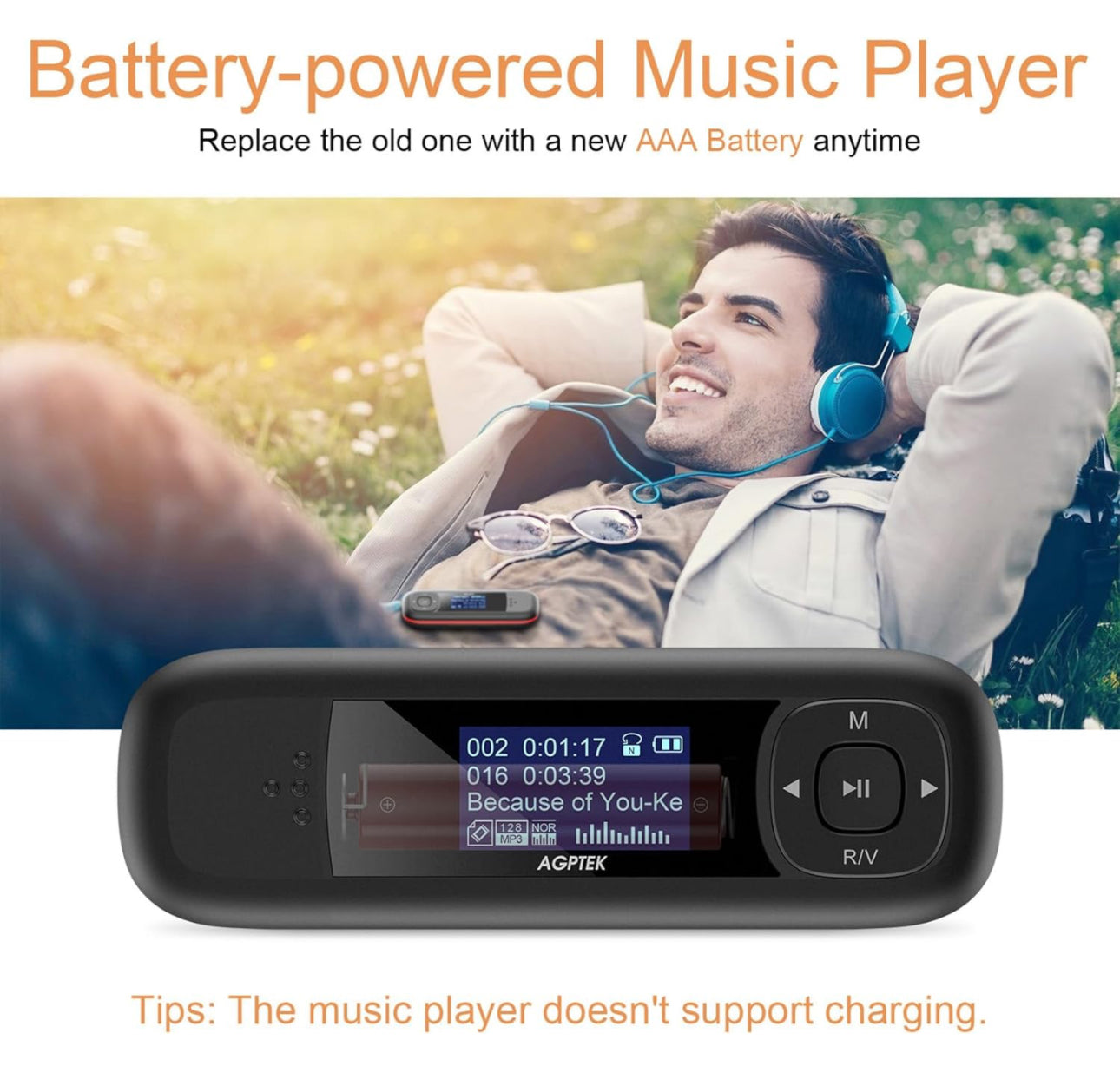 AGPTEK U3 USB Stick Mp3 Player, 8GB Music Player Supports Replaceable AAA Battery, Recording, FM Radio, Expandable Up to 128GB, Black