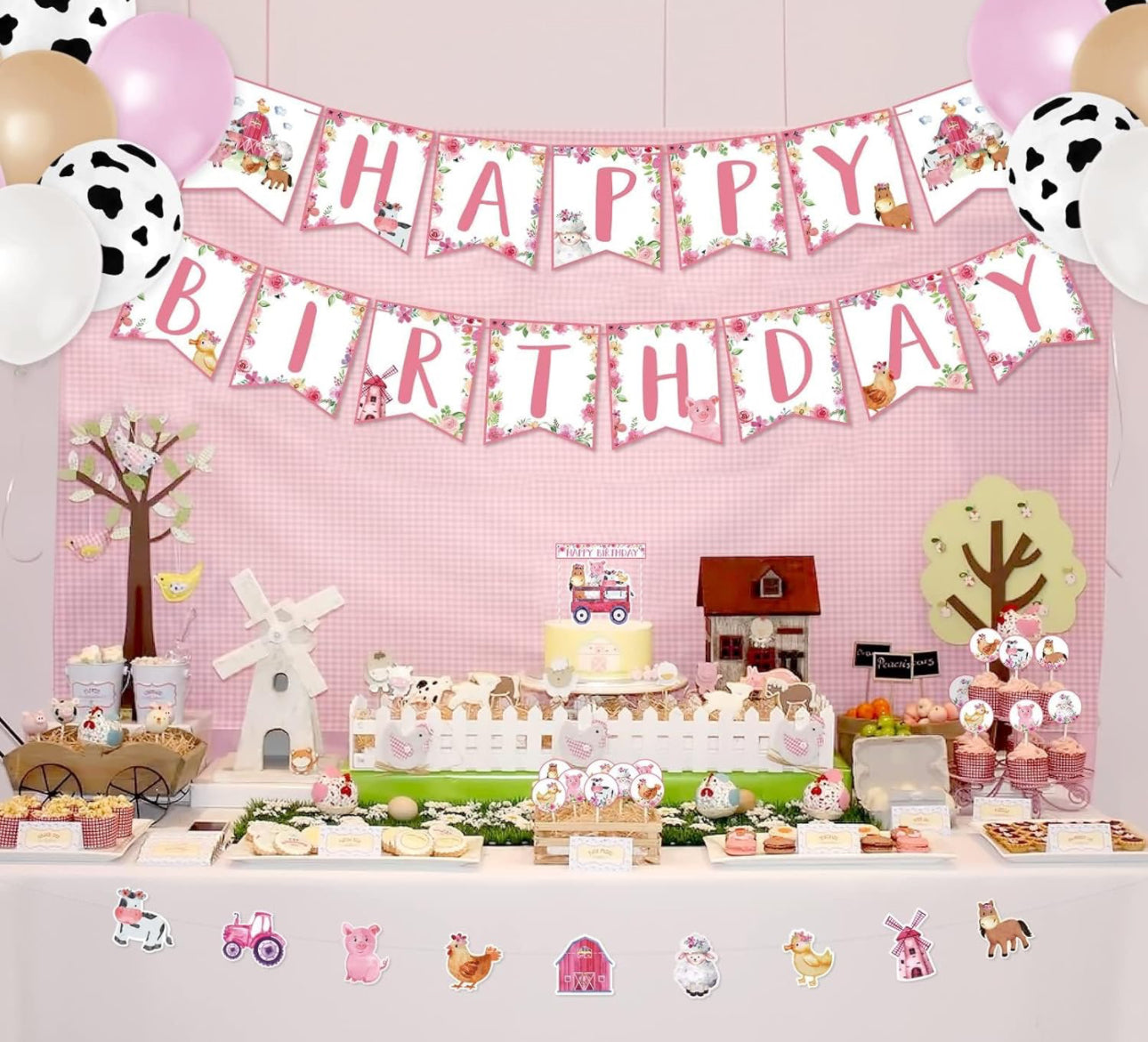 52Pcs Farm Animals Brithday Party Set Barnyard Themed Birthday Party Decors Cow Printed Balloon Baby Shower Party Ideas include Banners Balloons Cake Cupcake Toppers