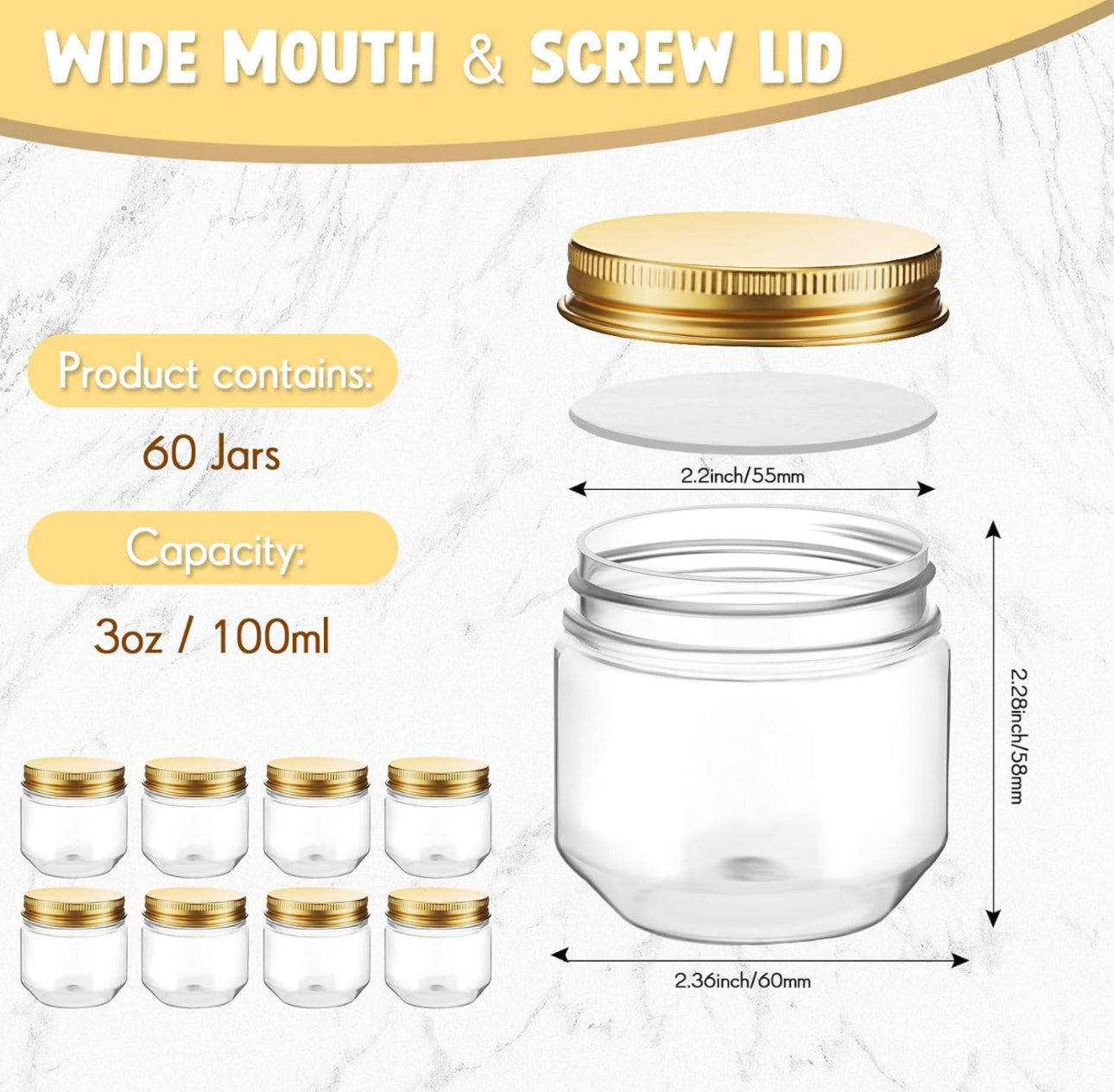 Tanlade 60 Pcs 3 oz Clear Plastic Jars with Lids Wide Mouth Mason Jars Mini Storage Containers Bulk for Herb Jelly Wedding Valentine Favors Shower Party Favors(Gold)