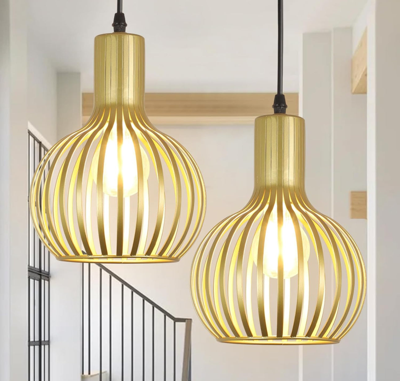 DLLT 2-Pack Gold Pendant Light Fixtures, Adjustable Pendant Lighting Over Sink, Farmhouse Metal Pendant Lights Kitchen Island, Vintage Brass Hanging Light for Living Room, Dining Room, Bedroom, E26