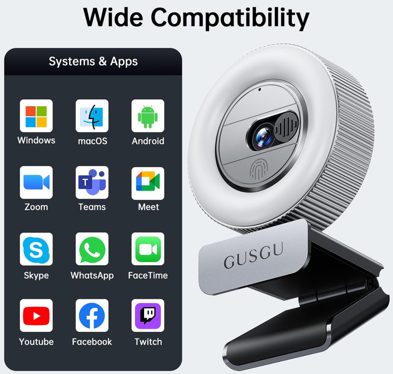 GUSGU G910 2K Quad HD Webcam for PC, with Microphone & Light & Privacy Cover, Web Camera for Desktop Computer/Laptop/MacBook, USB Streaming Camera